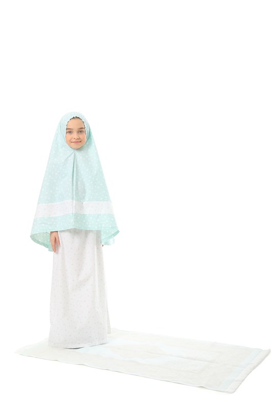 Kız Çocuk Namaz Elbisesi 3 Parçalı seccadeli Mint Rengi Yıldız Baskılı Kemer Desenli