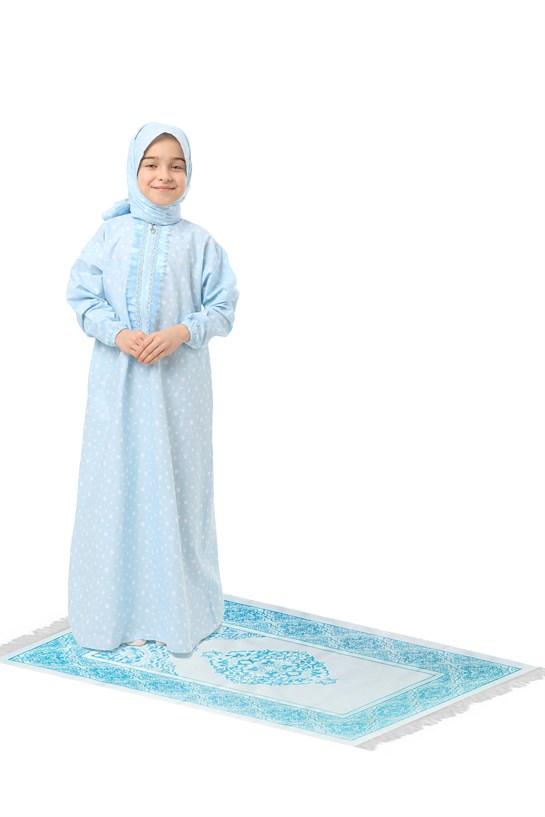 Pratik Fermuarlı Pamuklu Kız Çocuk Namaz Elbisesi Seccadeli Mavi Baskılı