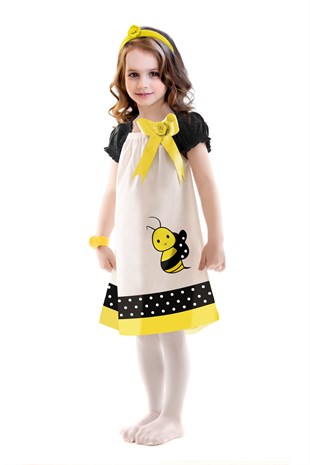 Arı Baskılı Yazlık Kız Çocuk Elbisesi