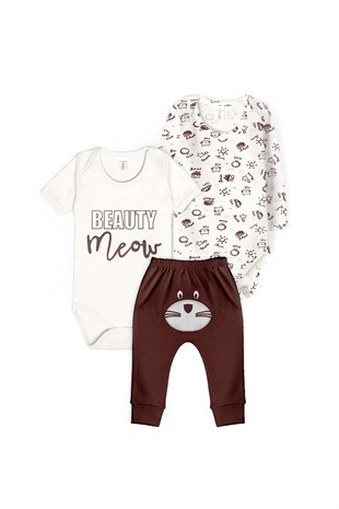 Ayıcık Baskılı Sıfır Kol Zıbınlı Alt Pijamalı 3 Lü Bebek Takımı