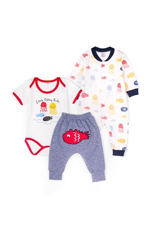 Balık Baskılı Bebek Zıbınlı Tulumlu Pijamalı 3 Lü Takım