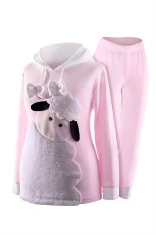 Baskılı Kapüşonlu Polar Kız Çocuk Pijama Takımı