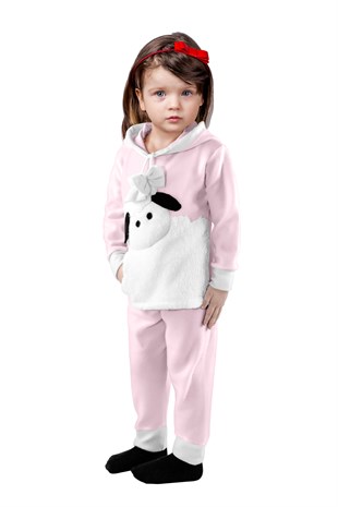 Baskılı Kapüşonlu Polar Kız Çocuk Pijama Takımı