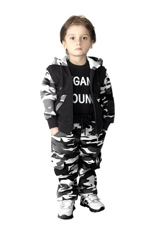 Kamuflaj Baskılı Çocuk Takımı Kapüşonlu Erkek Çocuk Kıyafeti