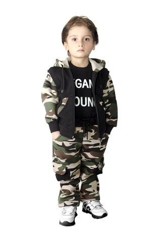 Kamuflaj Baskılı Çocuk Takımı Kapüşonlu Erkek Çocuk Kıyafeti