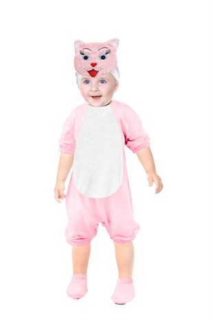 Kısa Kollu Bebek Pamuklu Kedi Kostümü Tulumu