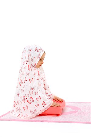 Kız Çocuk Namaz Elbisesi 3 parçalı Seccadeli Kelebek Baskılı Dantel Detaylı