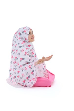 Kız Çocuk Namaz Elbisesi Küçük Kalp Baskılı Dantel Detaylı