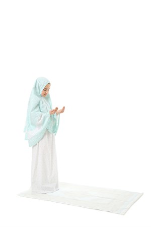Kız Çocuk Namaz Elbisesi 3 Parçalı seccadeli Mint Rengi Yıldız Baskılı Kemer Desenli