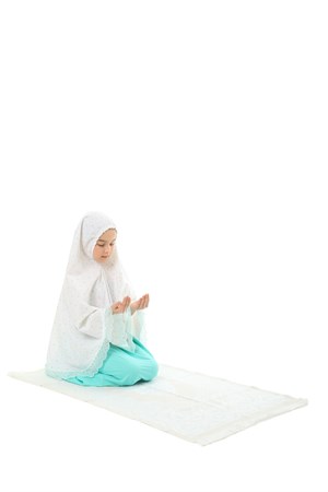 Kız Çocuk Namaz Elbisesi 3 Parçalı Seccadeli Mint Rengi Yıldız Baskılı Dantel Detaylı