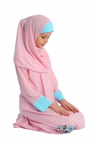 Kız Çocuk Namaz Elbisesi Çicek Basklı Kolu Manşetli 