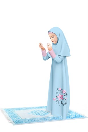 Kız Çocuk Namaz Elbisesi Çicek Basklı Kolu Manşetli Ve Seccadeli Set