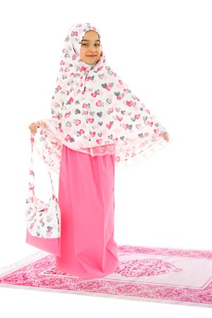 Kız Çocuk Namaz Elbisesi Pamuklu 4 Parçalı Set pembe Baskılı