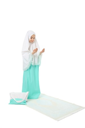 Kız Çocuk Namaz Elbisesi Pamuklu 4 Parçalı Set Mint Rengi Baskılı
