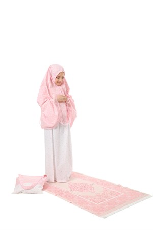 Kız Çocuk Namaz Elbisesi Pamuklu 4 Parçalı set Pembe Baskılı
