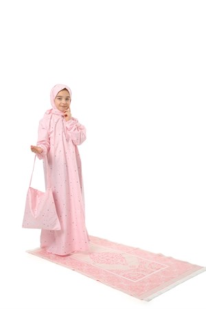 Kız Çocuk Pratik Namaz Elbisesi Seti Çantalı Seccadeli Kolu Lastikli  Yıldız Baskılı