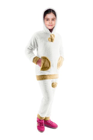 Kürklü Pijama Takımı Kapüşonlu Polar Kız Çocuk Kıyafeti