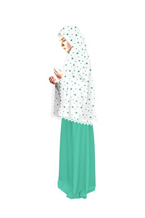 Yetişkin Bayan Namaz Elbisesi Mint Rengi Yıldız Baskılı Dantel Detaylı