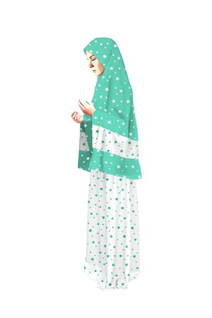 Yetişkin Bayan Namaz Elbisesi Mint Rengi Yıldız Baskılı Kemer Desenli
