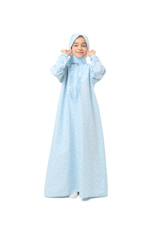 Pratik Fermuarlı Pamuklu Kız Çocuk Namaz Elbisesi Mavi Baskılı
