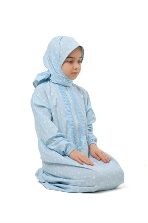 Pratik Fermuarlı Pamuklu Kız Çocuk Namaz Elbisesi Mavi Baskılı